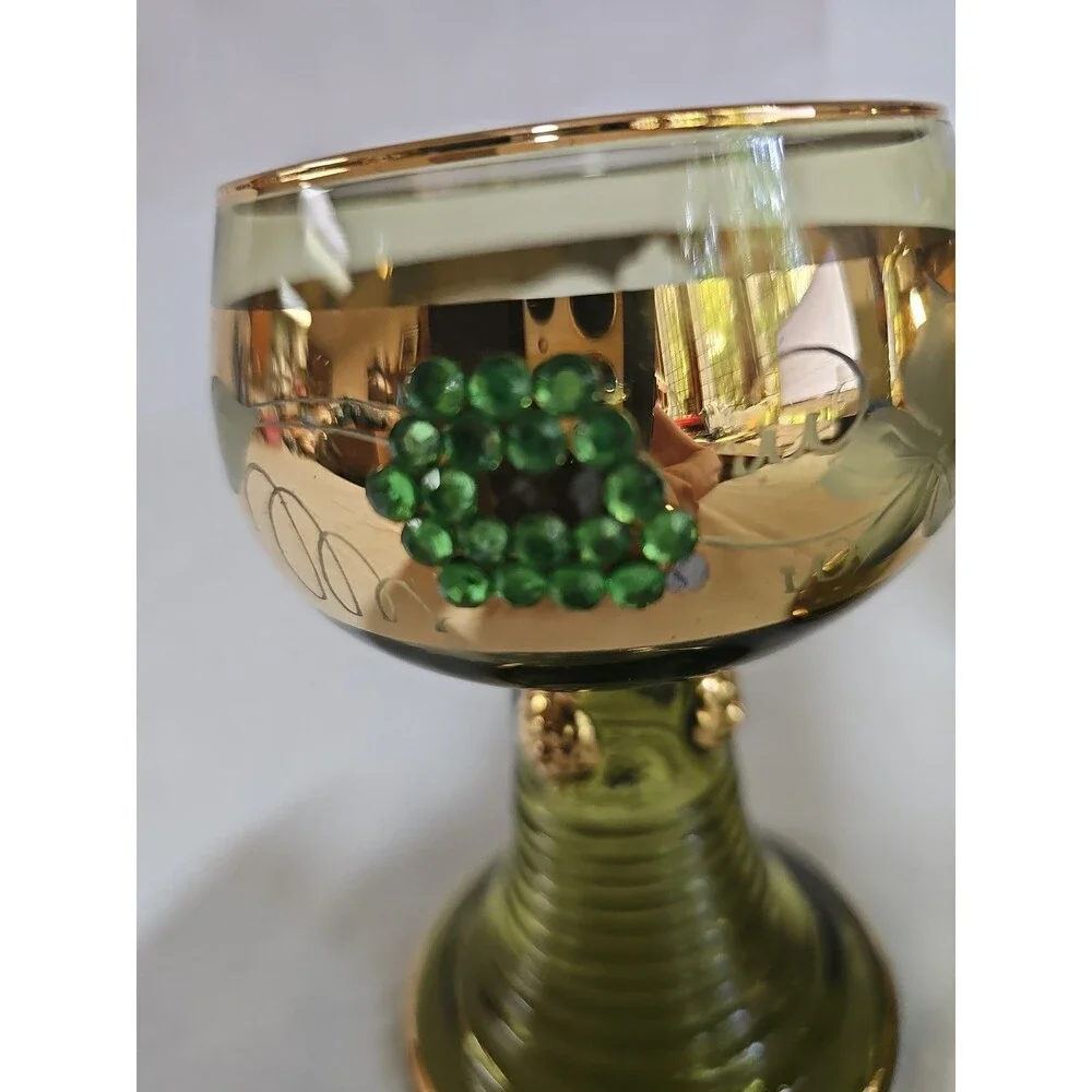vintage german roemer Wiesbaden beehive gold green barware grapevine pattern